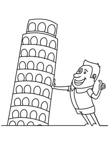 Cartoon Traveller Holding The Leaning Tower Of Pisa Coloring Page